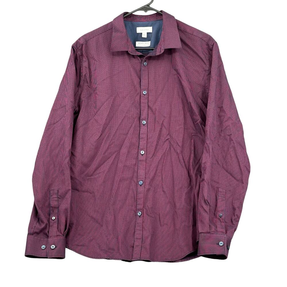 Calvin Klein Shirt Men Large Burgundy Purple Blue Pinstripe Infinite Slim Preppy
